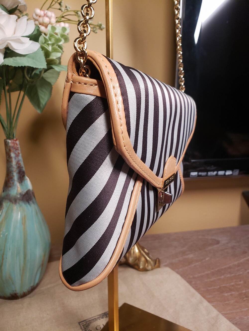 henri bendel Signature West 57 Striped Chain Crossbody w/ Tan Leather Trim NWT! - Picture 3 of 10